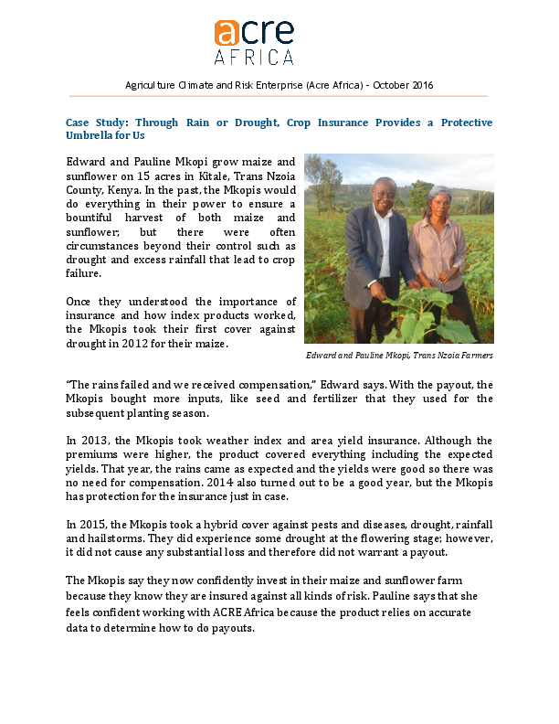 ACRE Africa Case Study: Through Rain or Drought, Crop Insurance Provides a Protective Umbrella for Us