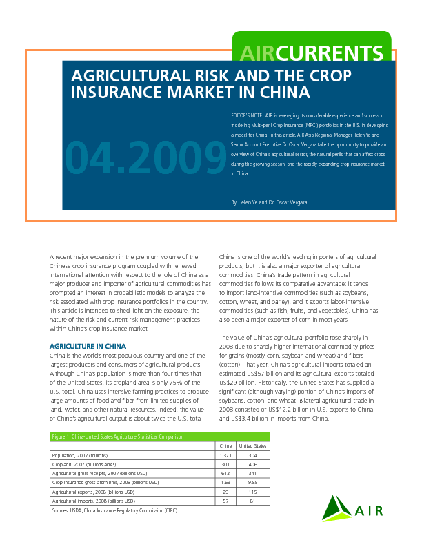 Agricultural Risk and the Crop Insurance Market in China