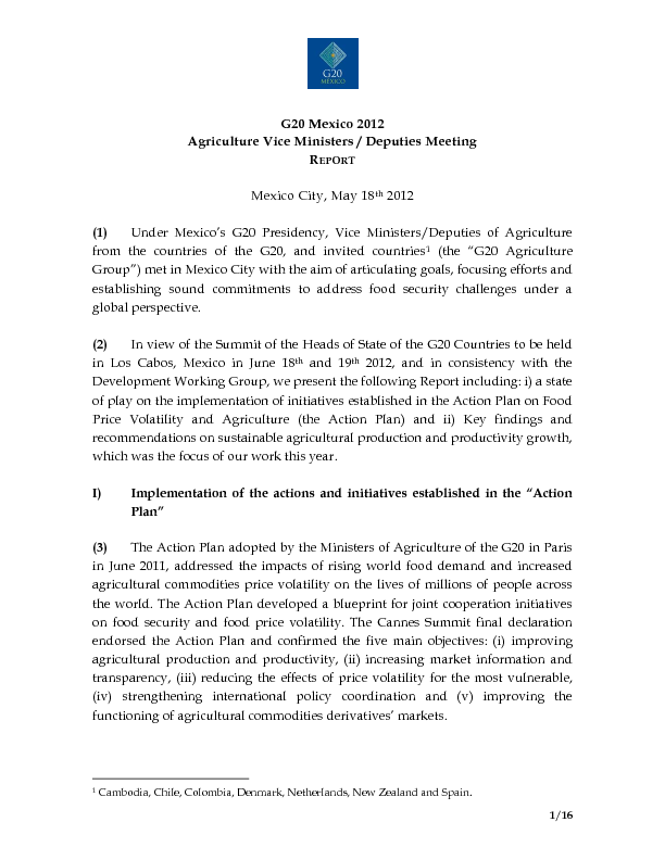 G20 Mexico 2012: Agriculture Vice Ministers / Deputies Meeting REPORT